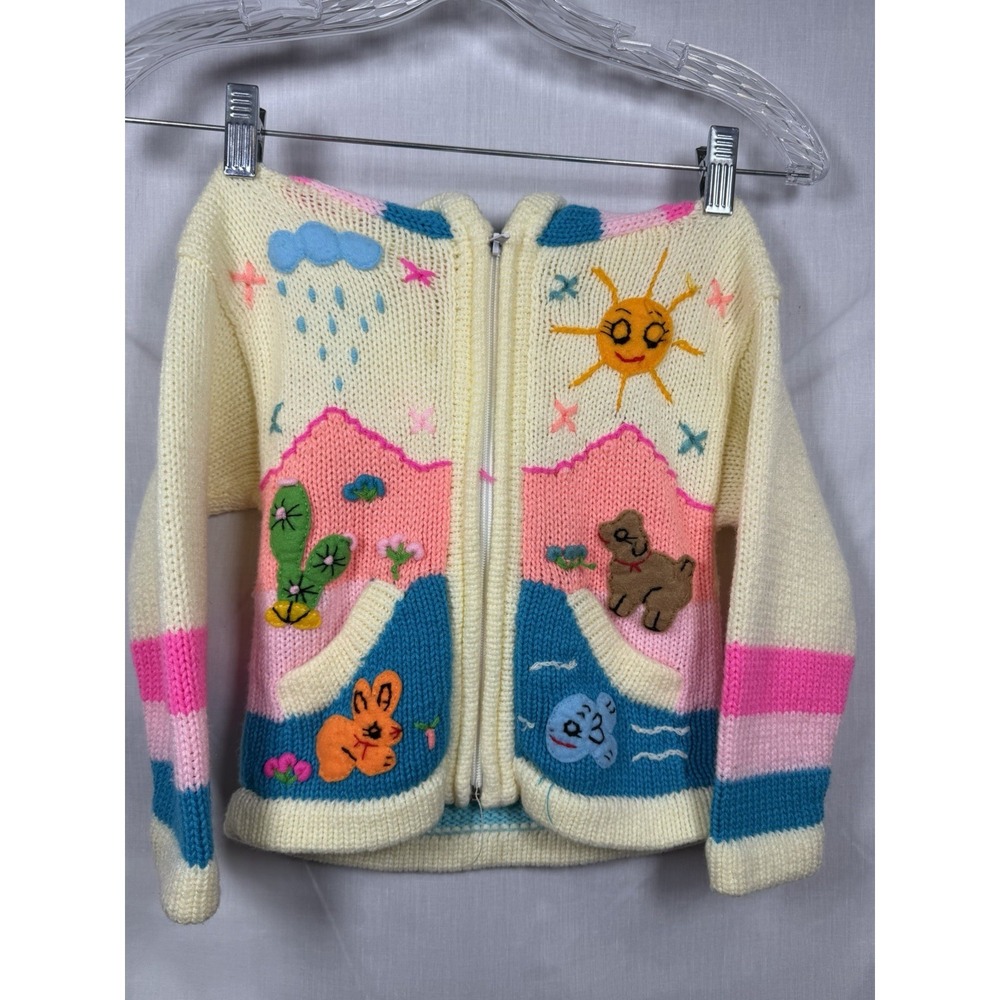 Colorful‎ Knit Hoodie Handmade Peruvian 4T Pink Animal Patchwork Cottage Soft